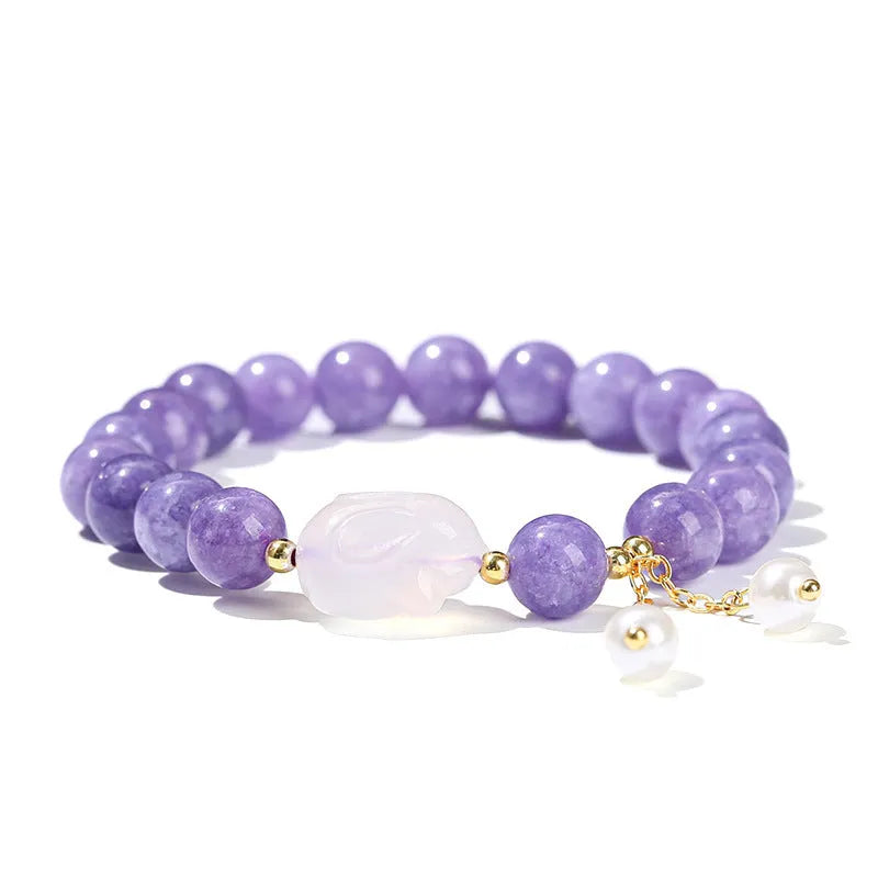 Purple aquamarine and agate geometric round bead bracelet with rabbit motif, handmade, sizes 6mm 8mm and 12x16mm