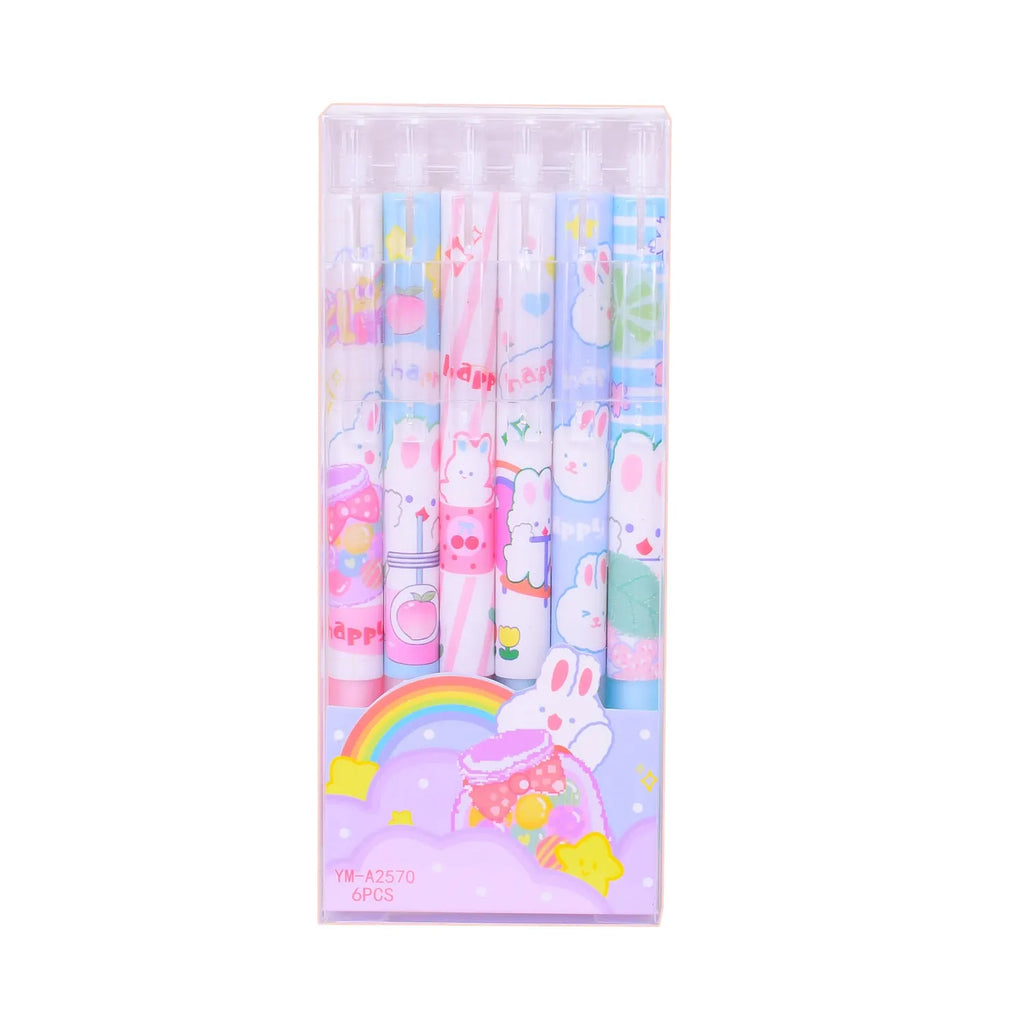 Pack of six black ink pens with cartoon bunny design and 0.5mm fine tips.