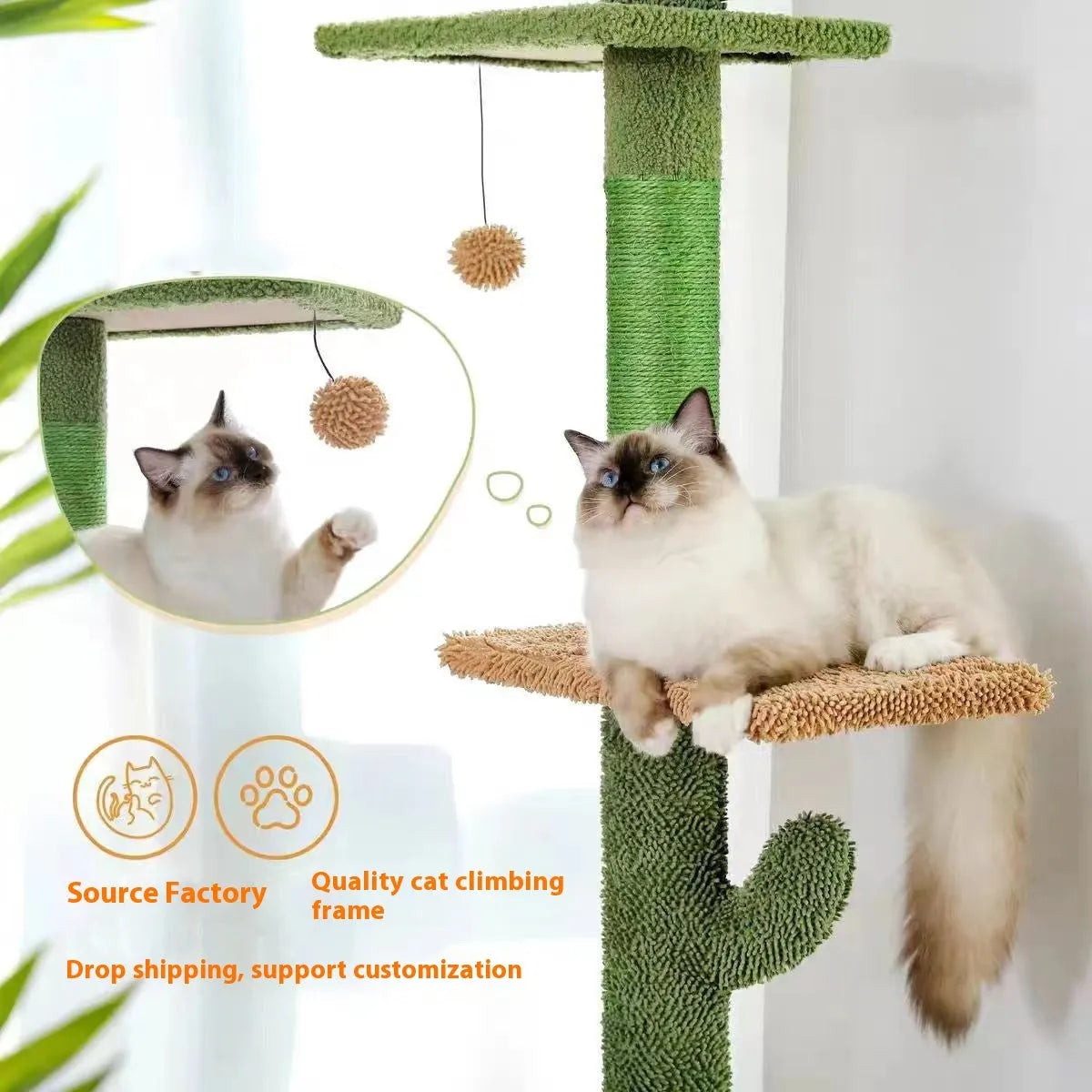Tall solid wood cat climbing frame with integrated scratch board, cat toy, and elevated nest.