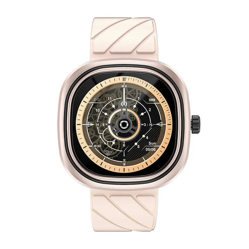 Bluetooth smartwatch with 1.32-inch touchscreen on silicone wristband in black, pink, or green.