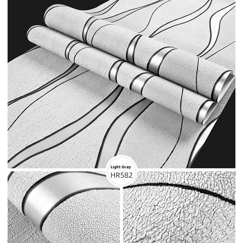 Curve stripe textured 3D wallpaper sample showing velvet surface in light grey colour