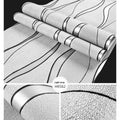 Curve stripe textured 3D wallpaper sample showing velvet surface in light grey colour