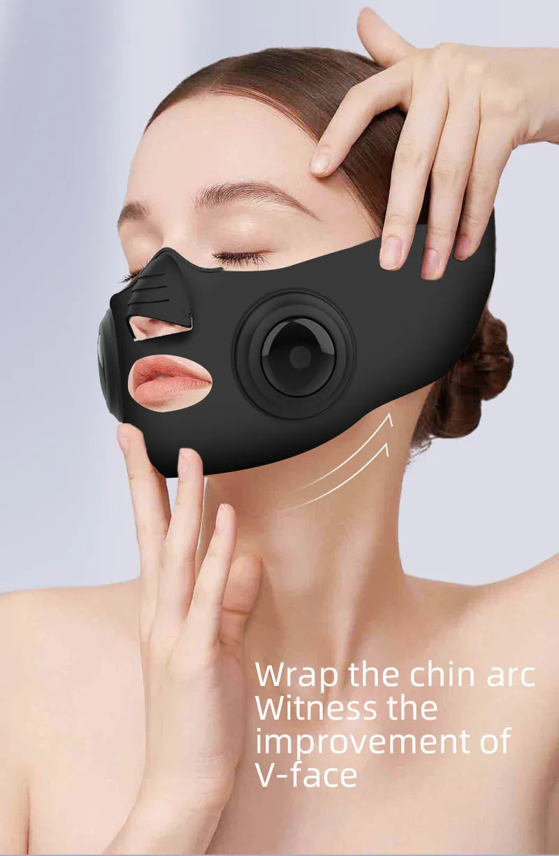 Black photon facial beauty mask device with USB cable for home skincare treatment.