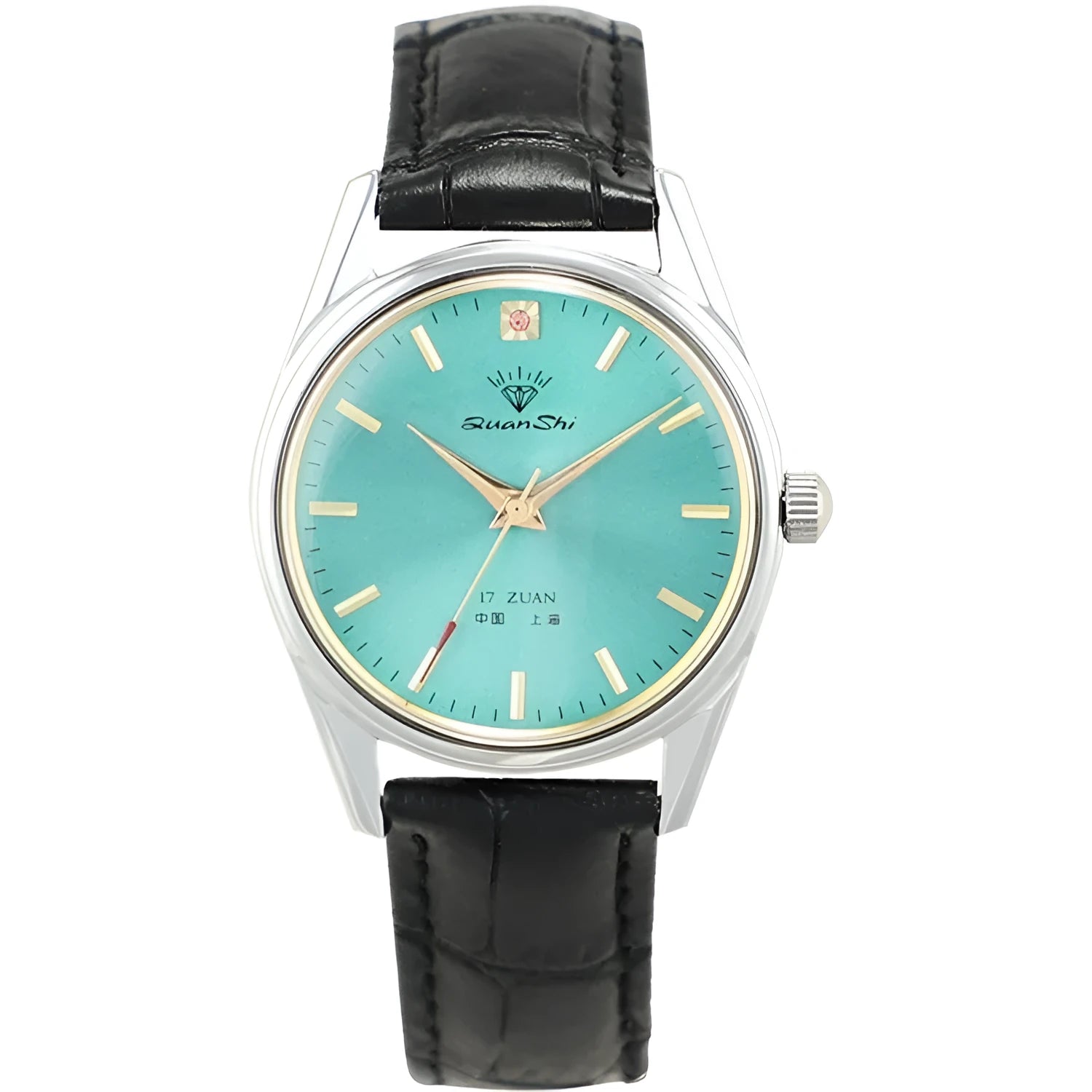 Shanghai Diamond brand men's watch with green dial and black leather strap on alloy case