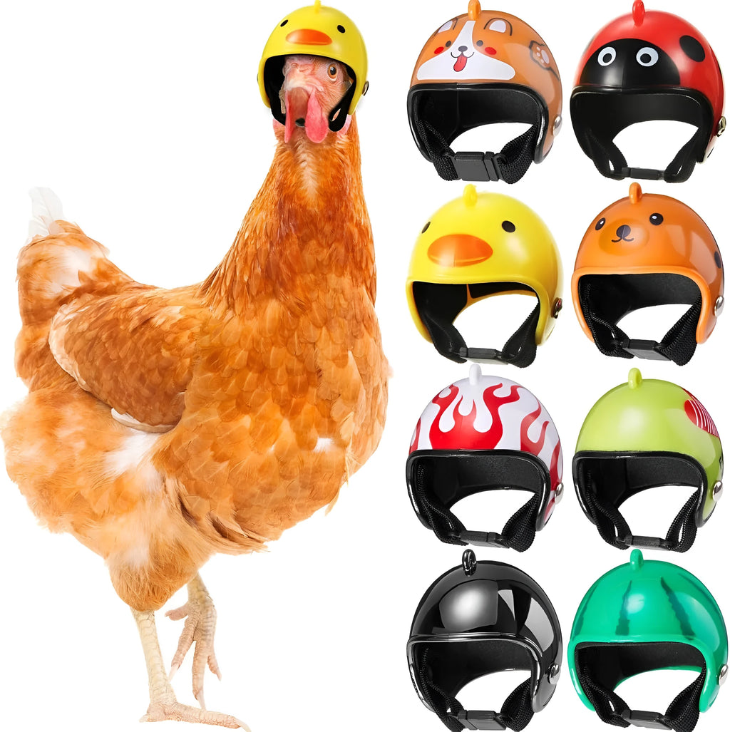 Small hard plastic helmet for a chicken with an elastic band and a soft interior sponge lining.