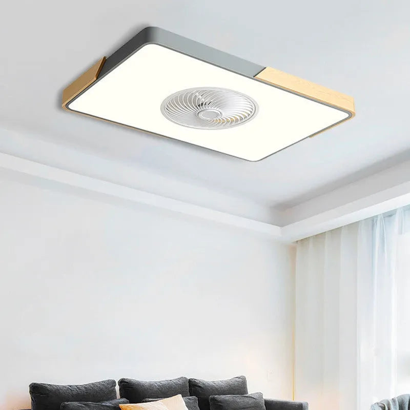 Nordic style solid wood ceiling fan with integrated light and PVC shade in rectangular, square and round designs.