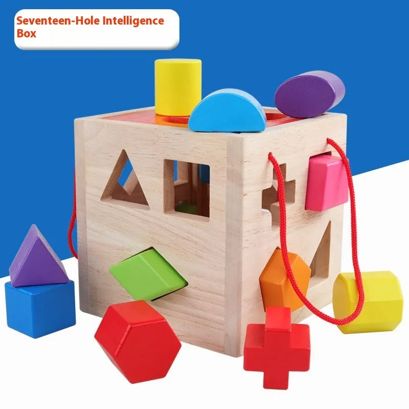 Wooden geometric shape matching building blocks with 19-hole intelligence box for infant education