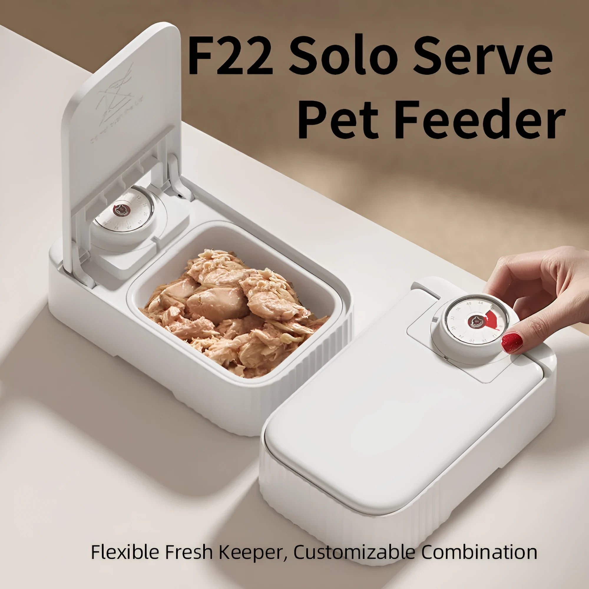 White pet single meal feeder with digital timer display and ice crystal box underneath for 48-hour freshness