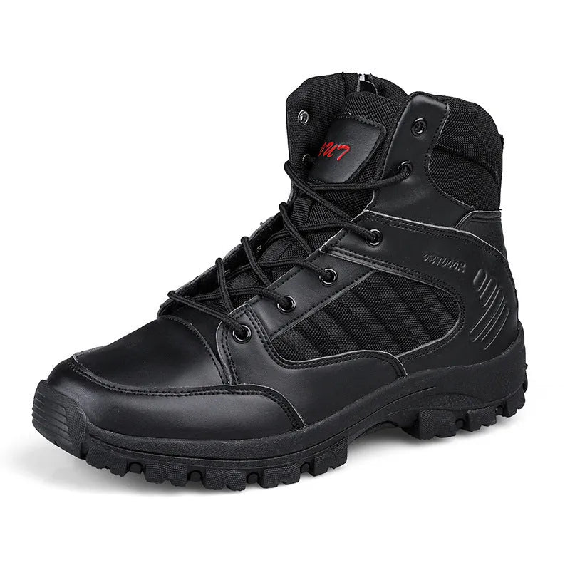 Men's high-top hiking shoes in black camouflage with artificial PU upper and metal element detail