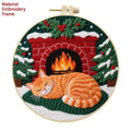 Cat embroidery DIY kit with cotton linen fabric, autumn fruit patterns, and bamboo embroidery frame