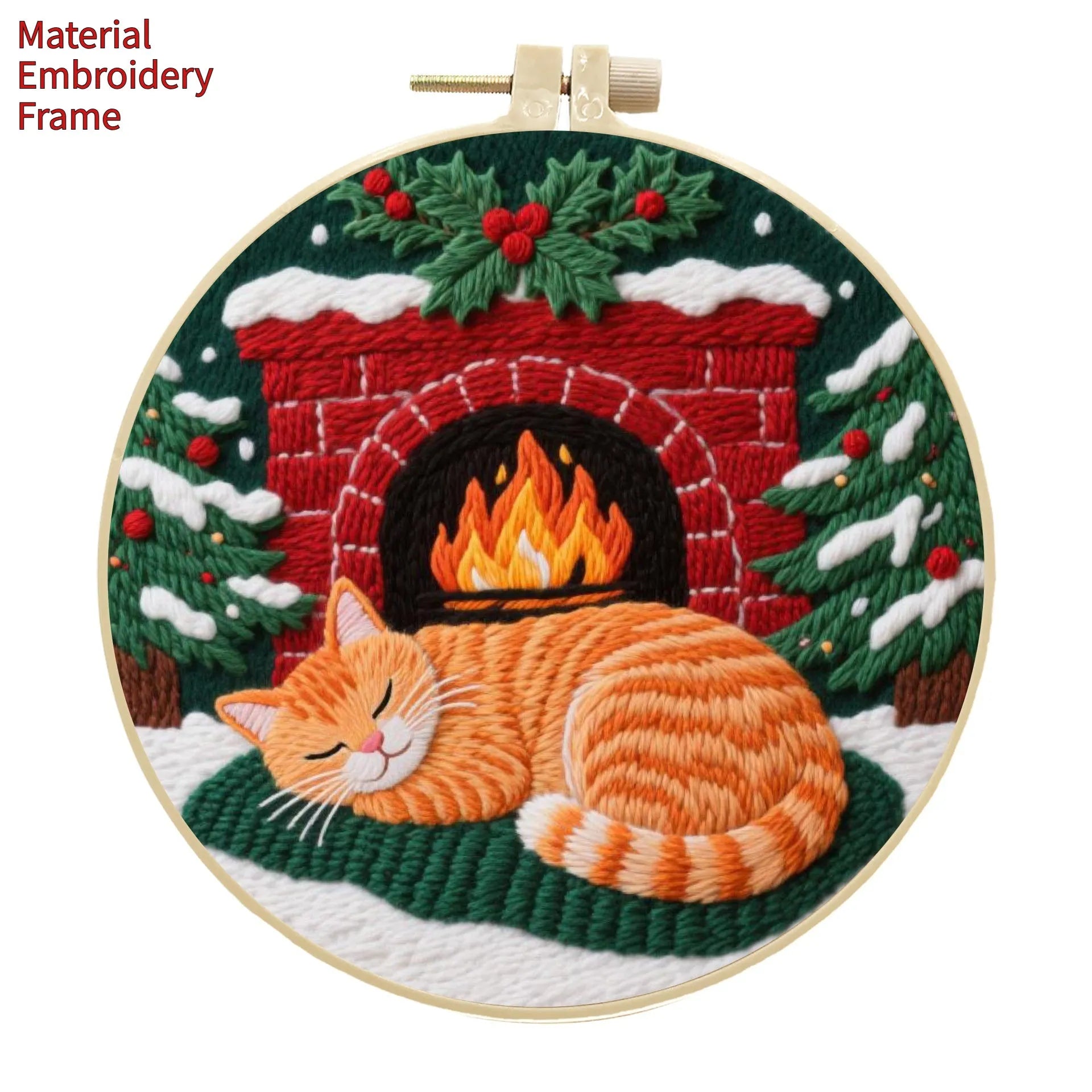 Cat embroidery DIY kit with cotton linen fabric, autumn fruit patterns, and bamboo embroidery frame