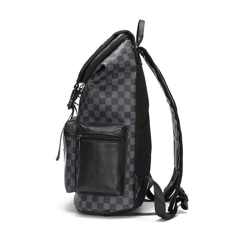 Korean casual checkered printed large capacity PU leather backpack with curved shoulder strap, colour 6622-1 Black
