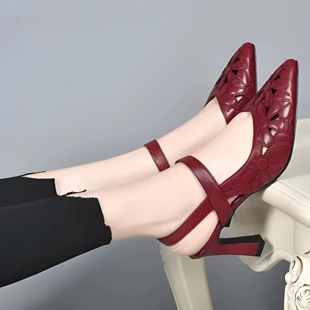 Fashion pointed toe sandals in beige with back empty design and hollowed toe box high heels