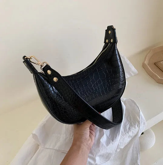 Retro PU leather crossbody bag for women, upper width 24cm, in black colour