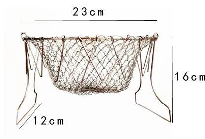 Stainless steel foldable deep fry basket with handle, 23cm size, on a kitchen counter