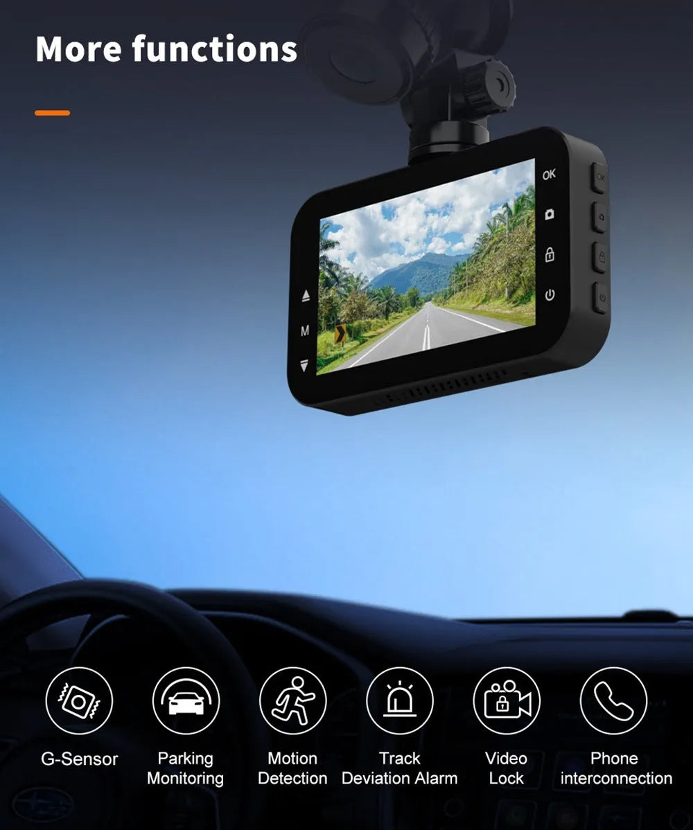 ThiEYE dual dash cam front and rear 1080P screen showing road view with mount and cables