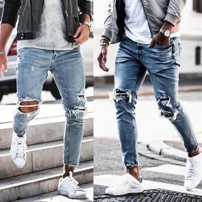 Men's light blue straight fit jeans with worn and embroidered detailing, five-point length, mid-rise waist