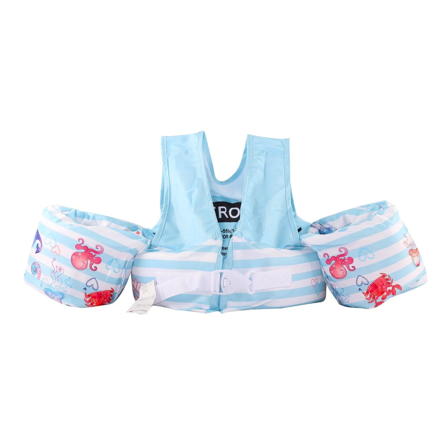 Child wearing a cartoon-themed swimsuit with integrated arm swimming rings for water safety.