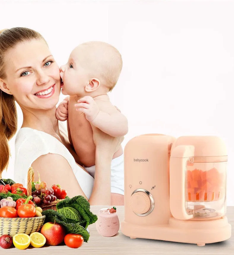 Baby food processor with steamer and blender functions in green or pink colours