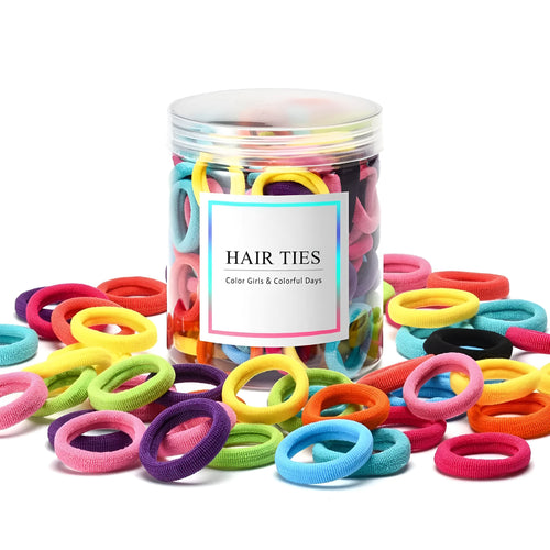 100 seamless cotton baby hair ties in 10 assorted colours stored in a small jar