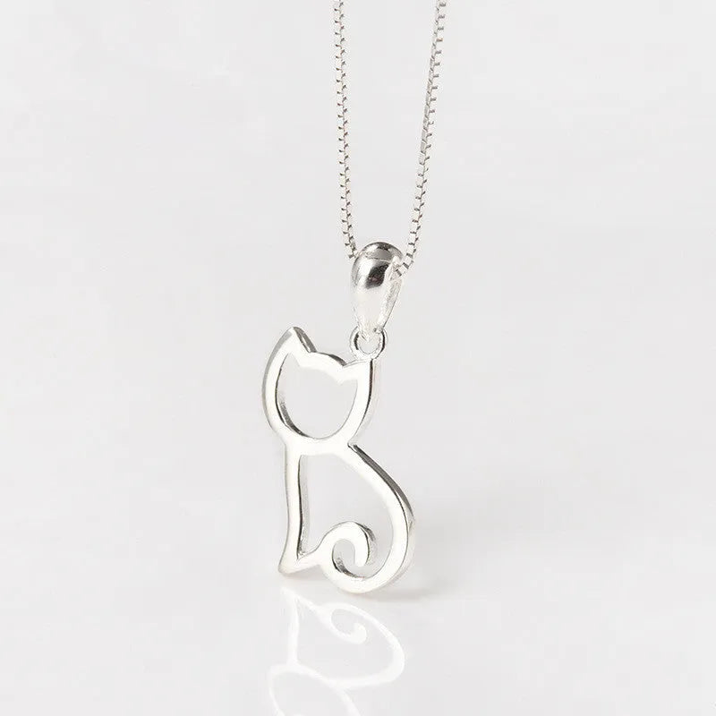 Sweet cat silver pendant necklace with Korean style animal charm on a simple chain