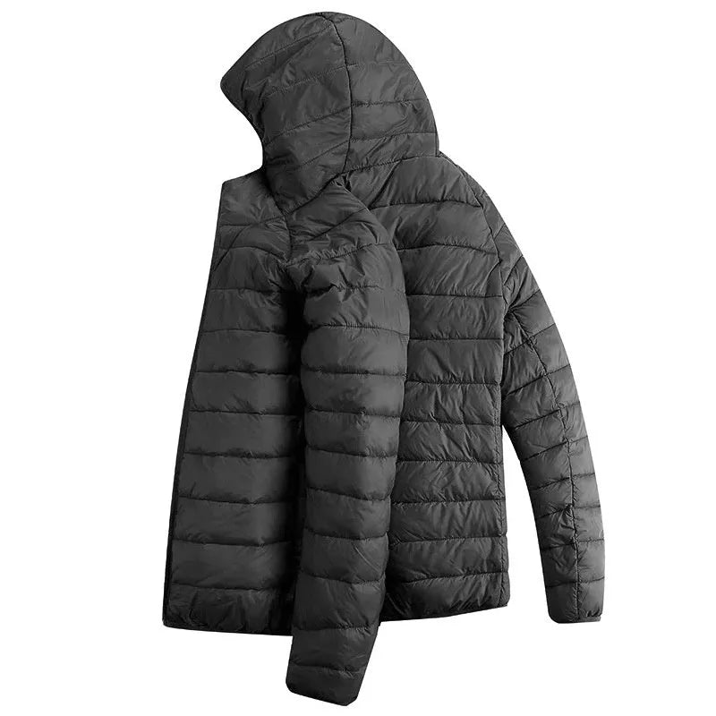 Men's lightweight hooded coat in solid colour with zipper closure, nylon outer, available in multiple colours