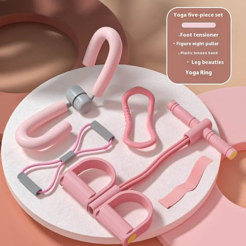 Yoga four piece set showing leg stretcher, yoga ring, foot pedal device and figure eight tension rope