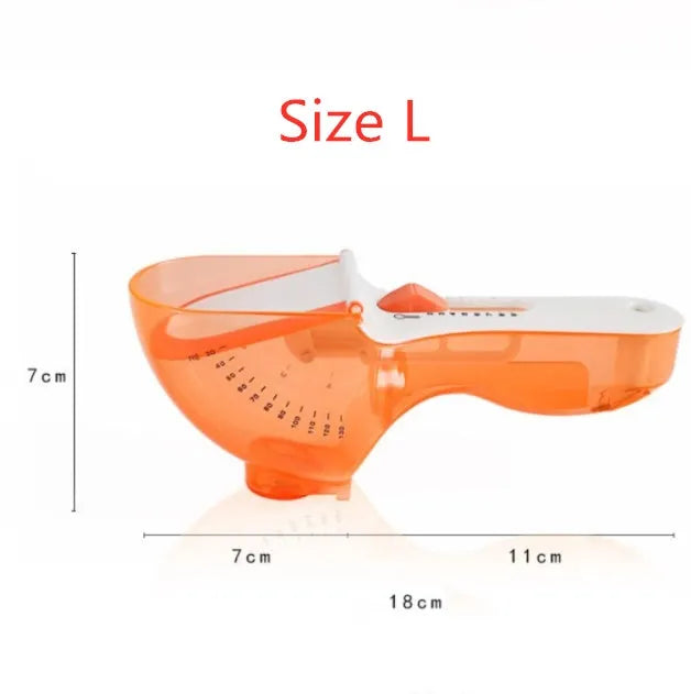Orange and blue digital measuring spoons with magnetic snap showing nested storage on a fridge surface