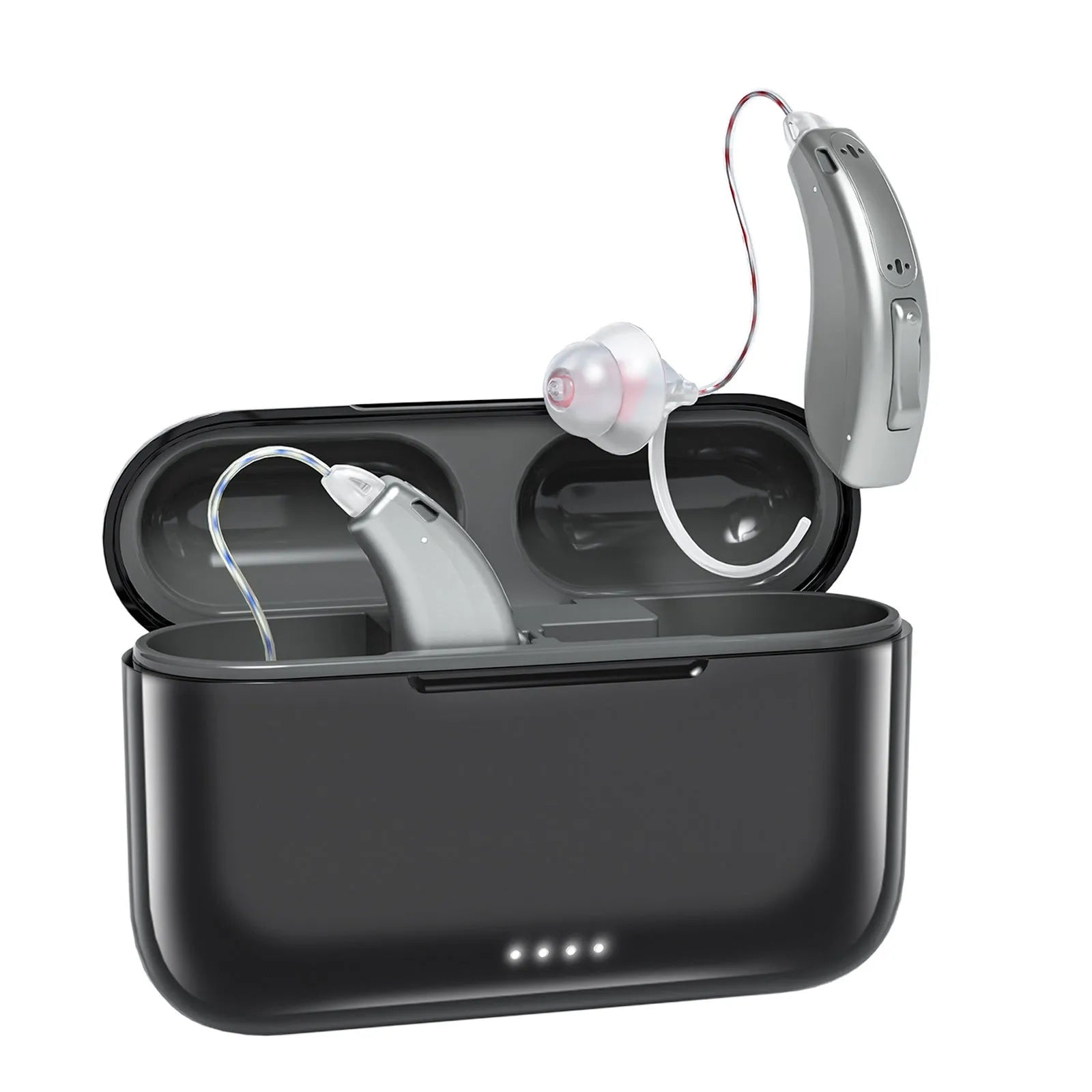 Wireless behind-the-ear Bluetooth digital hearing aid in black plastic with charging case and accessories