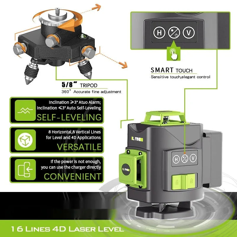 Green laser level with 16 projection lines showing 360° alignment for construction and DIY projects