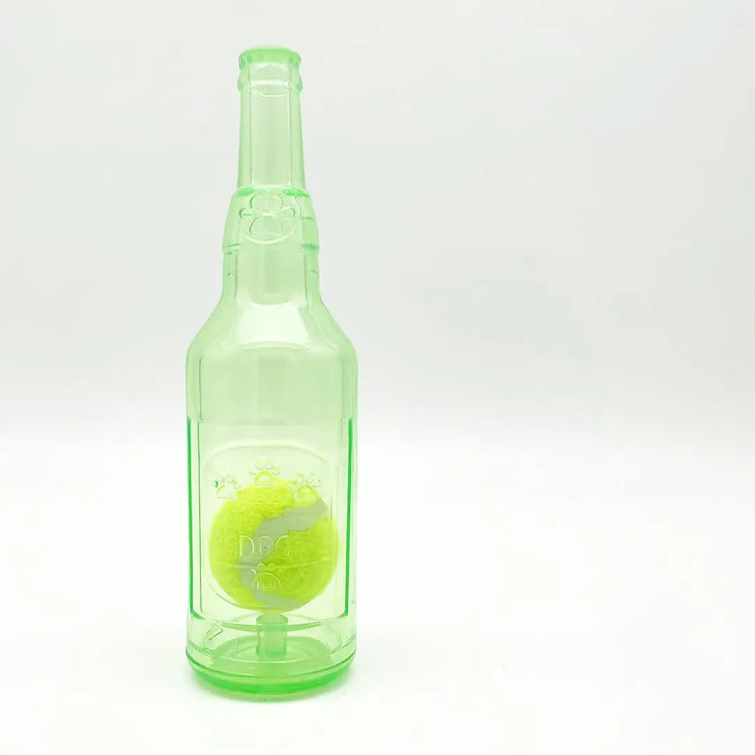 Blue water bottle dog toy with squeaker at tail and internal moving ball for aggressive chewers on white background