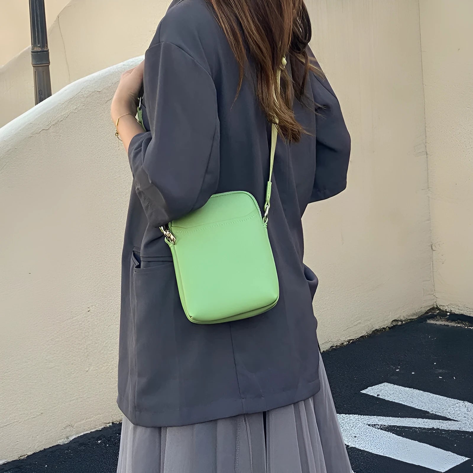 Solid colour mobile phone crossbody shoulder bag showing black, beige, khaki and green options