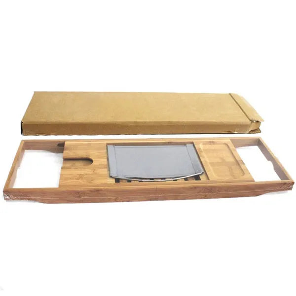 Bamboo bathtub frame with single-level shelving for bathroom storage organisation