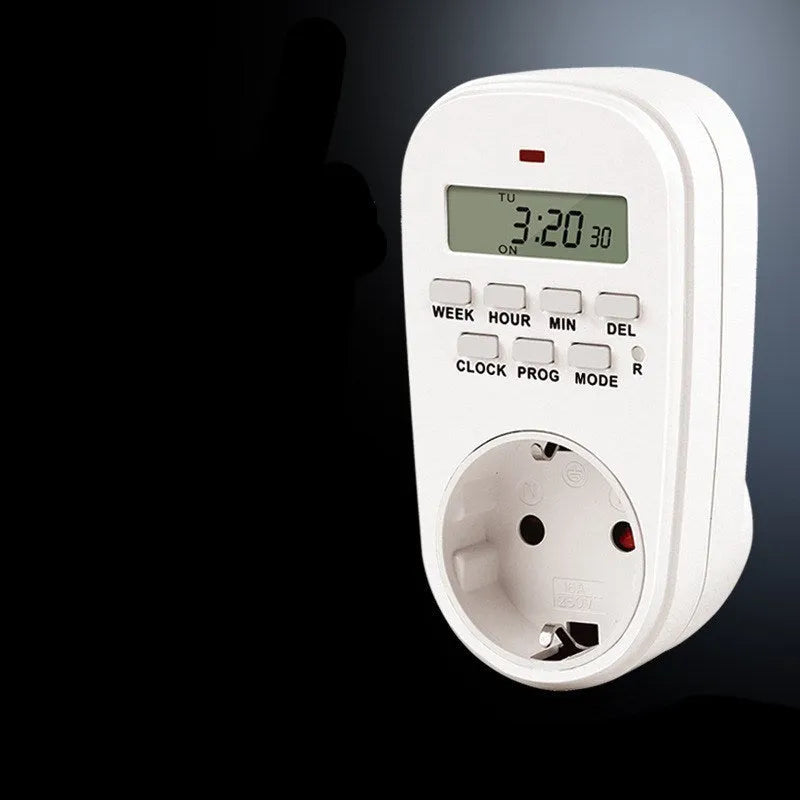 White digital timer timing programming socket with 7-day 20-group schedule, EU/UK/US plug options