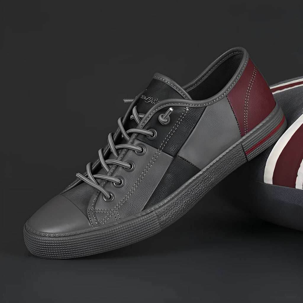 Men's black and white leather pumps with elastic band, round toe, and flat vulcanised rubber sole.