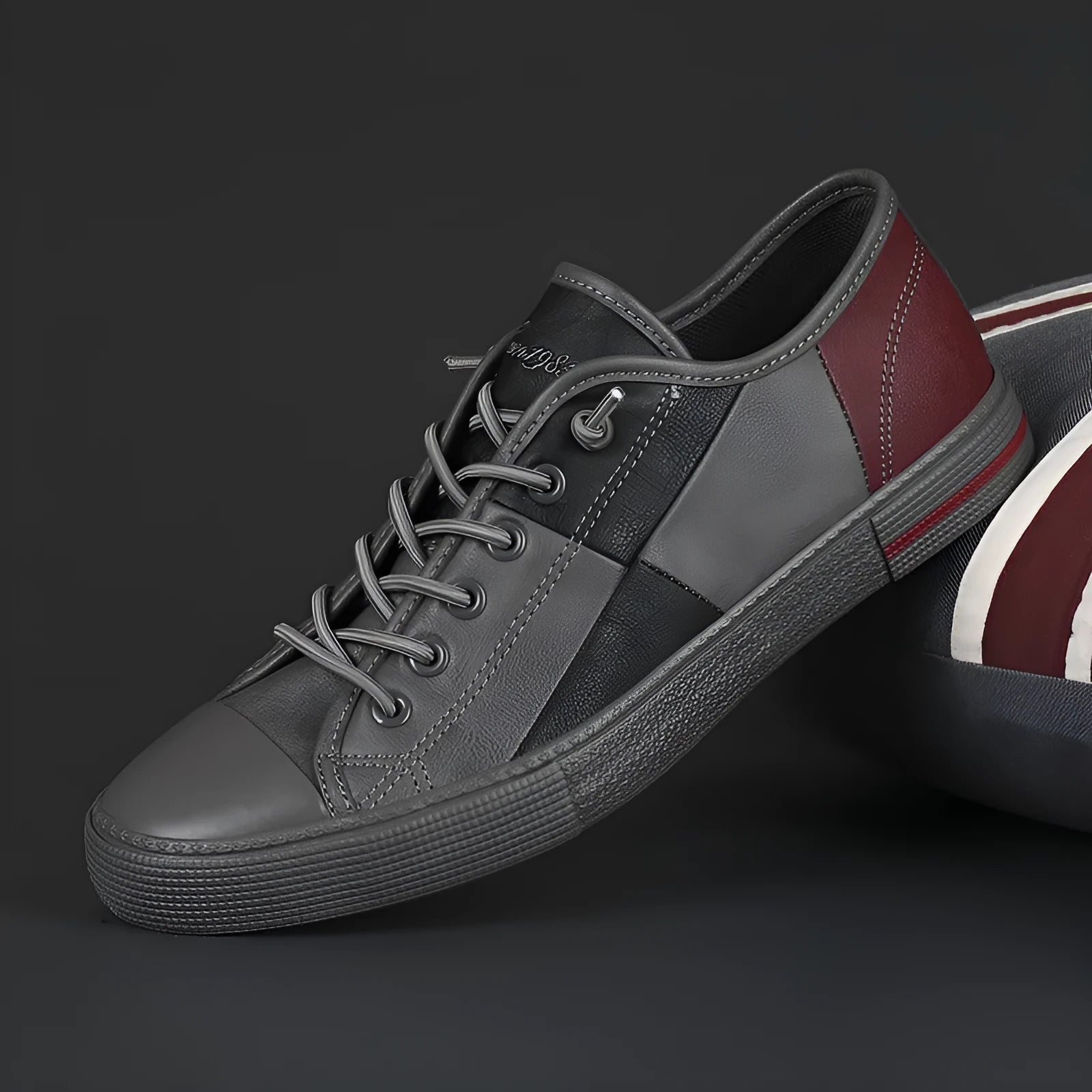 Men's black and white leather pumps with elastic band, round toe, and flat vulcanised rubber sole.