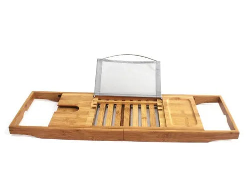 Bamboo bathtub frame with single-level shelving for bathroom storage organisation