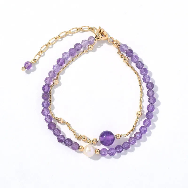 Chinese style women's bracelet with amethyst crystal stones in diamond cut on electroplated metal band