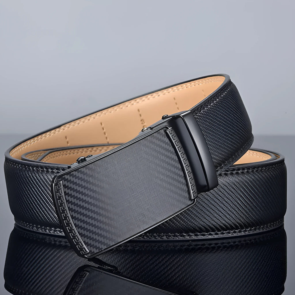 Men's two-layer cowhide click belt with glossy alloy rectangle buckle, striped embossed pattern, available in black in multiple lengths.