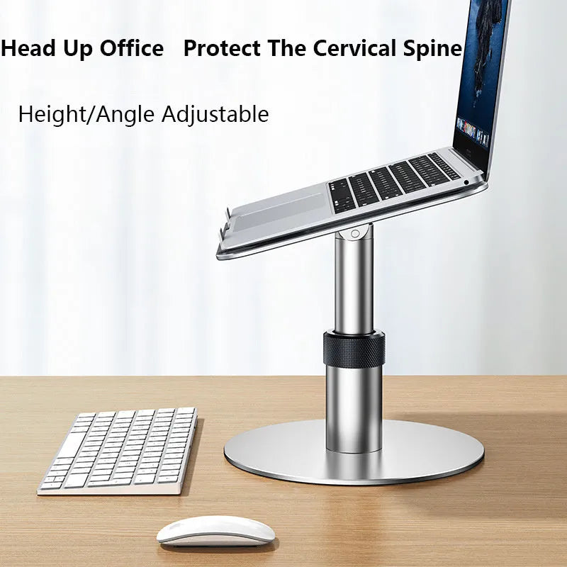 Silver adjustable car laptop stand with height adjustment and rotating base on vehicle seat