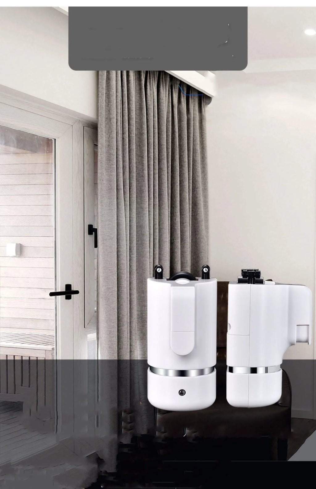 Motorised curtain track with aluminium alloy rail, nano silent pulley, and remote control for electric curtain operation