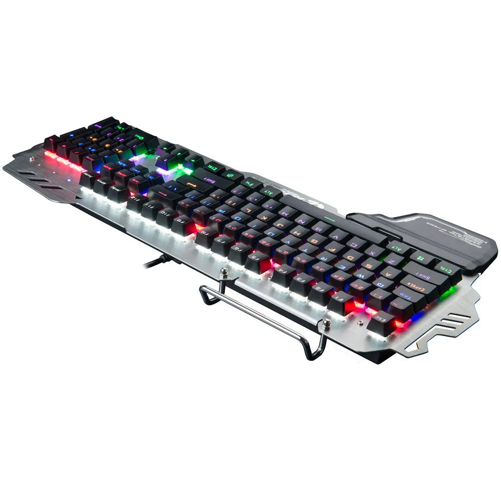 Silver Green Axis wired gaming keyboard with metal panel and wrist splint on desktop