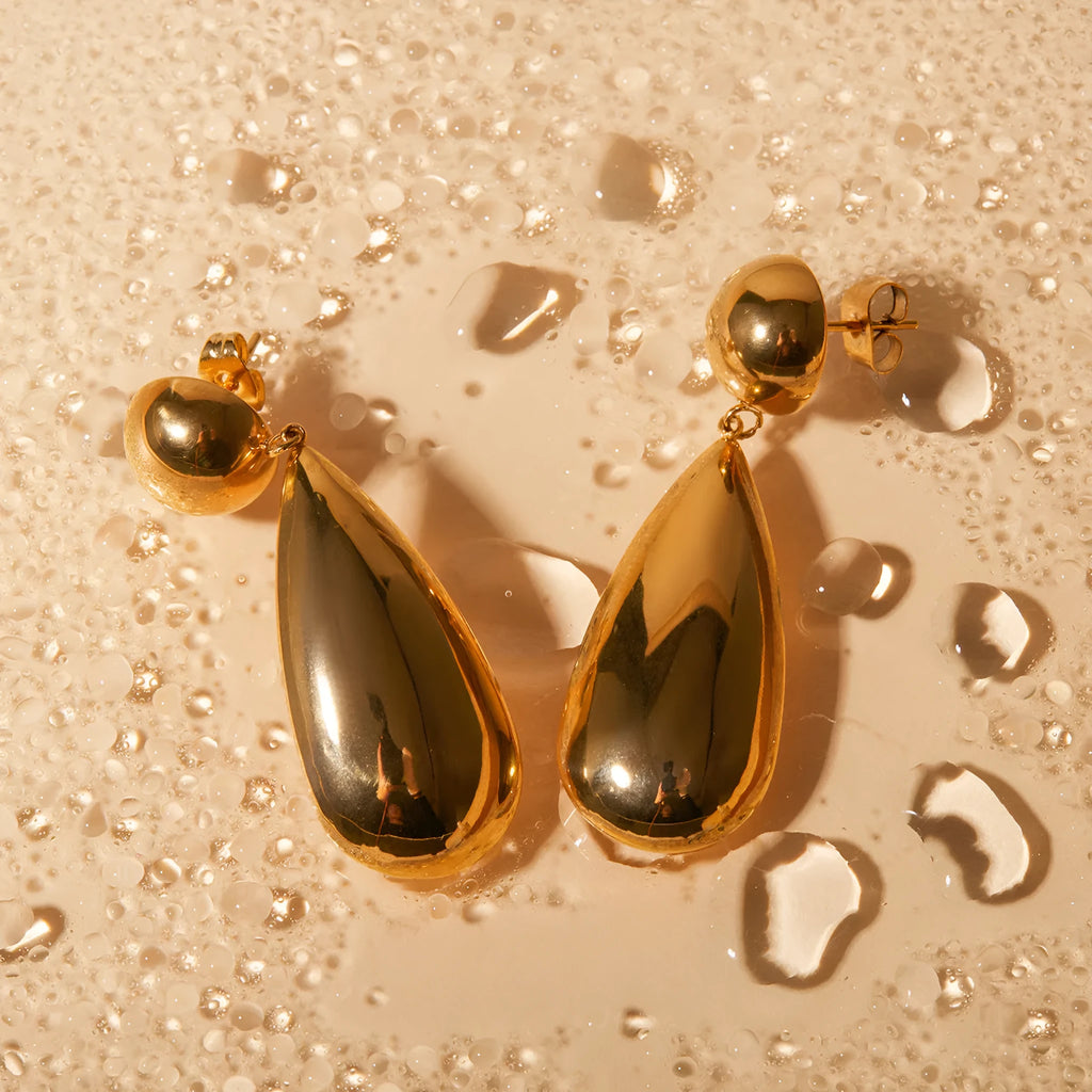 Gold electroplated stainless steel hemisphere water drop pendant earrings for women