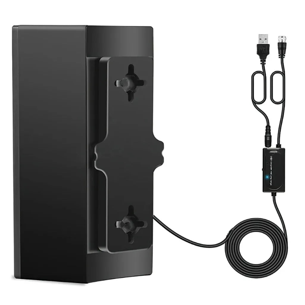 Black digital HD television antenna with mounting screws, expansion tubes, cable ties, and adhesive tape.