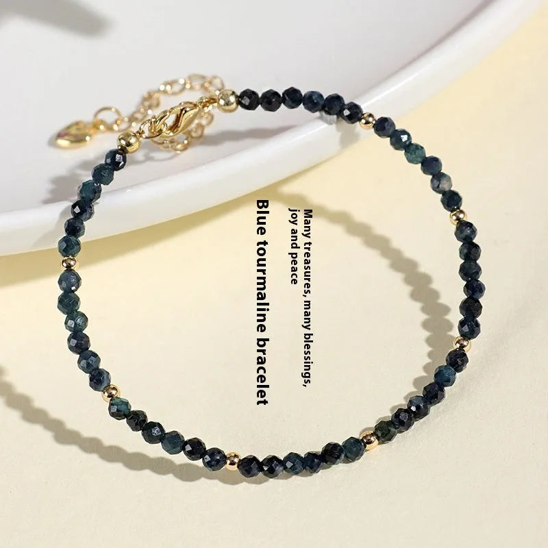 Blue tourmaline spacer bead bracelet with 3mm cut gemstones for women