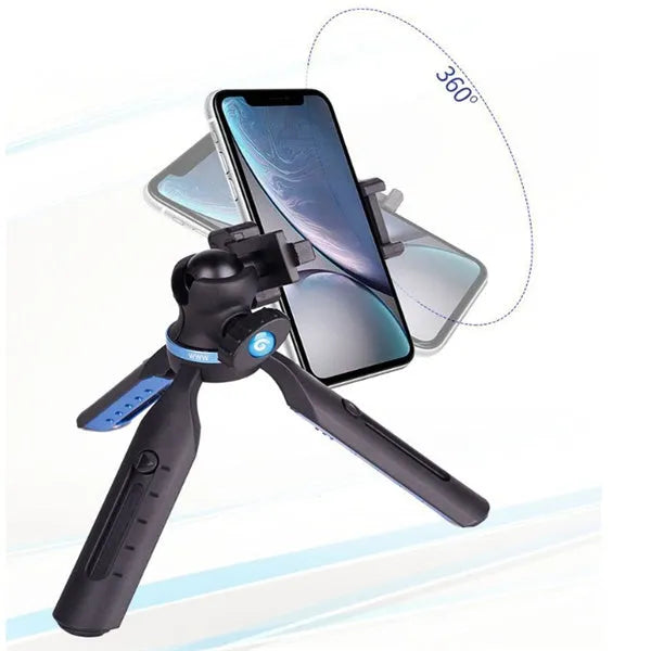 Black desktop phone tripod stand compatible with iPhone models on a desk