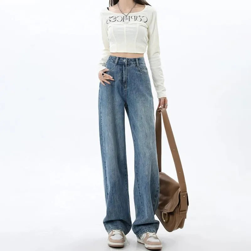 Women's retro blue high waist wide leg jeans with straight cut and spandex denim fabric