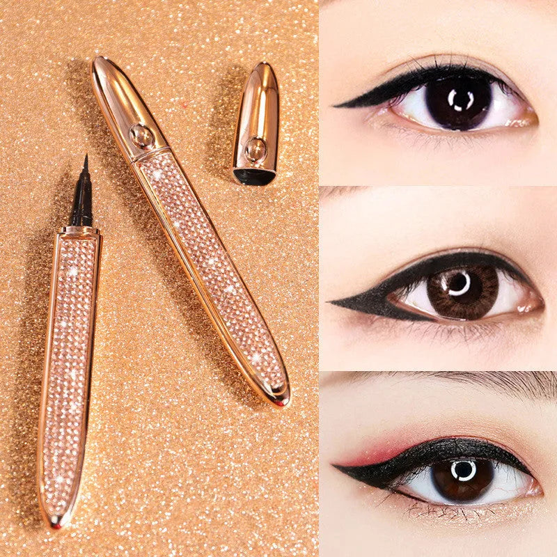 Black self-adhesive liquid eyeliner pen, 139x17mm, with waterproof and quick-drying formula, on a white background.