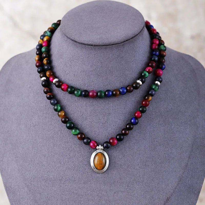 Natural stone tiger-eye 108 pendants necklace bracelet 6mm beads unisex meditation jewellery with wings crown heart design