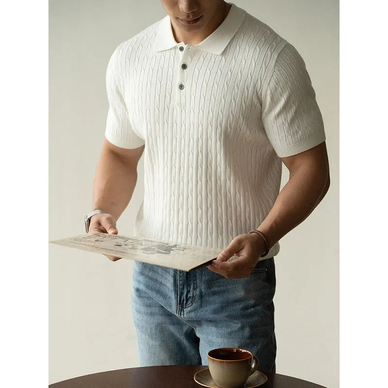 Men's short-sleeve business top in black, white, or khaki colours with Asian sizing options